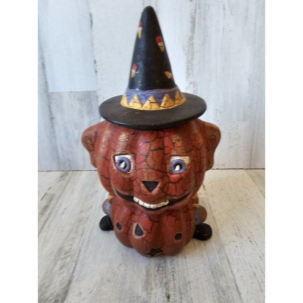 Ceramic shabby chic pumpkin‎ cat jack-o'-lantern Halloween decor BRN
